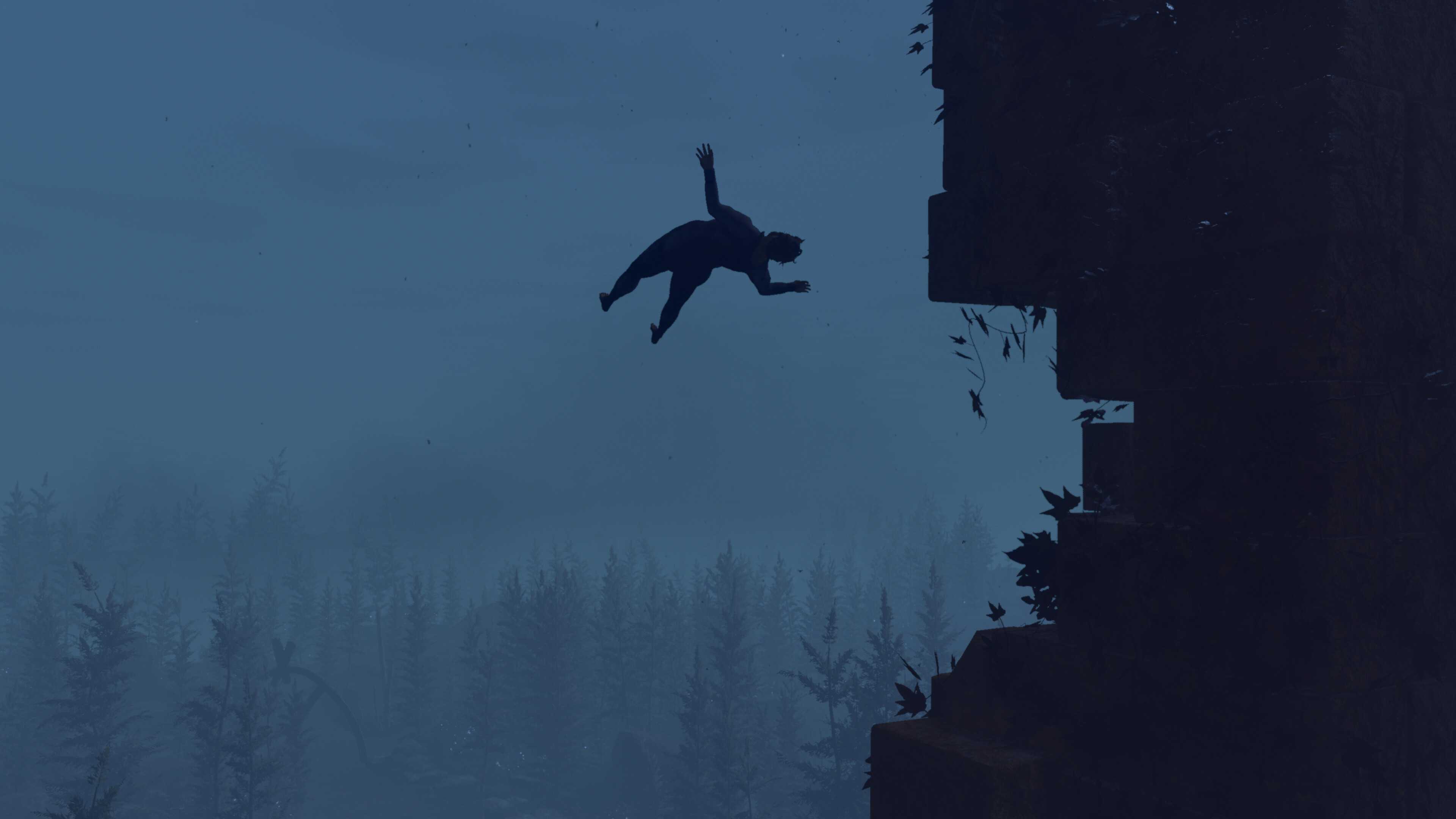 Screenshot from Baby Steps video game of man falling from cliff.