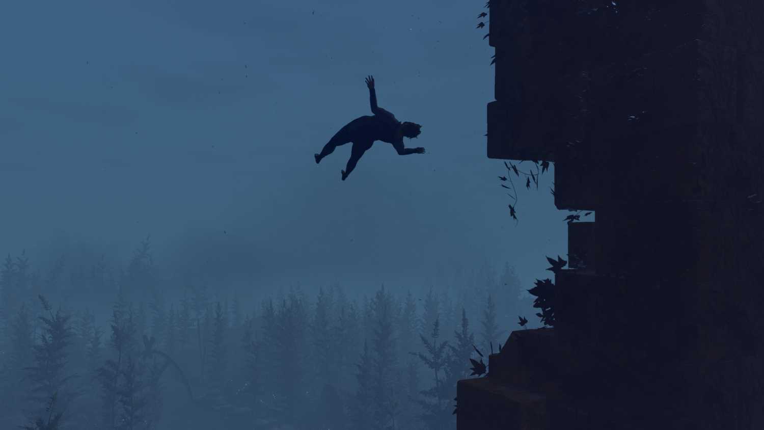 Screenshot from Baby Steps video game of man falling from cliff.