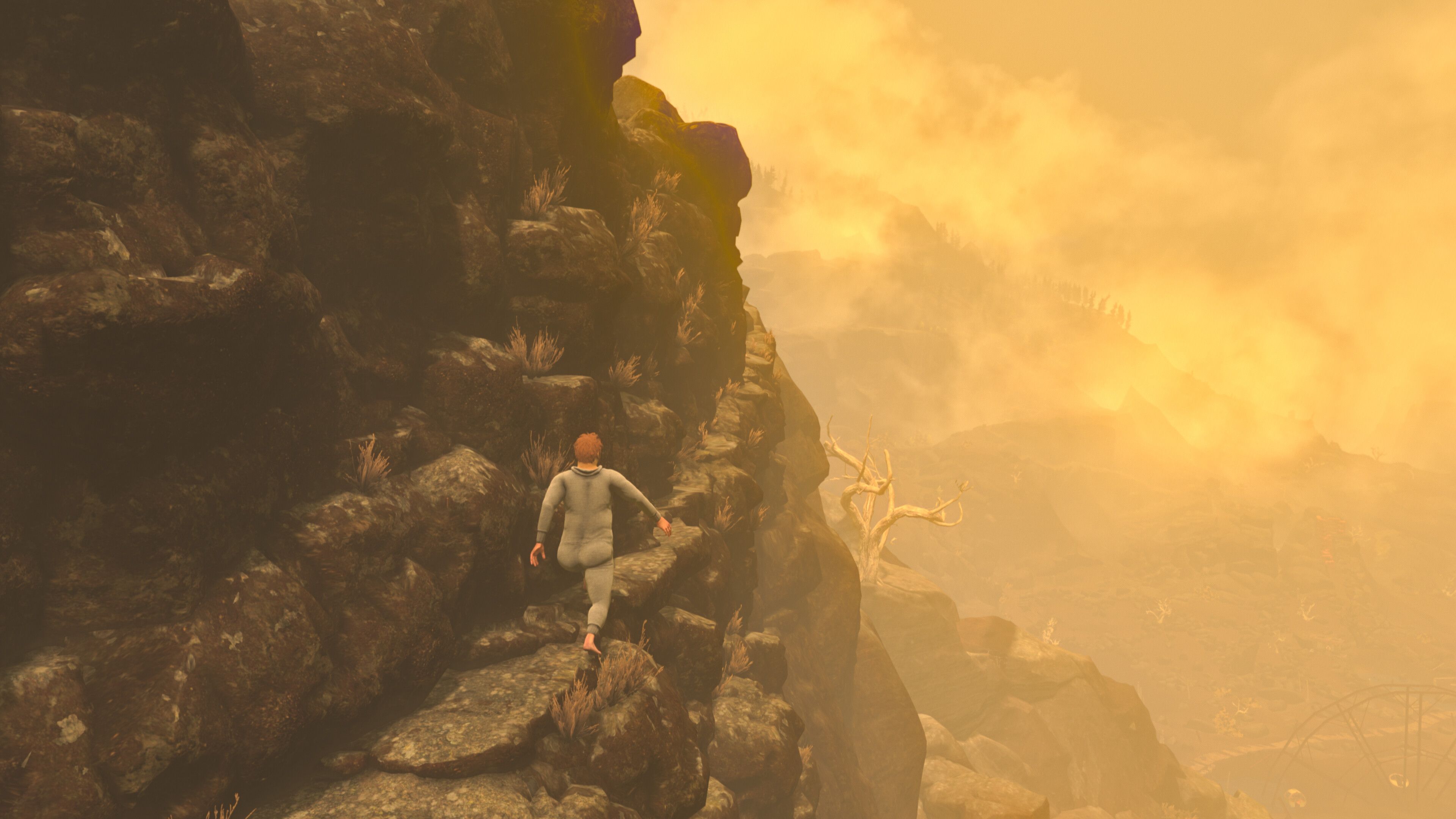 Screenshot from Baby Steps video game of man walking on the side of a mountain.
