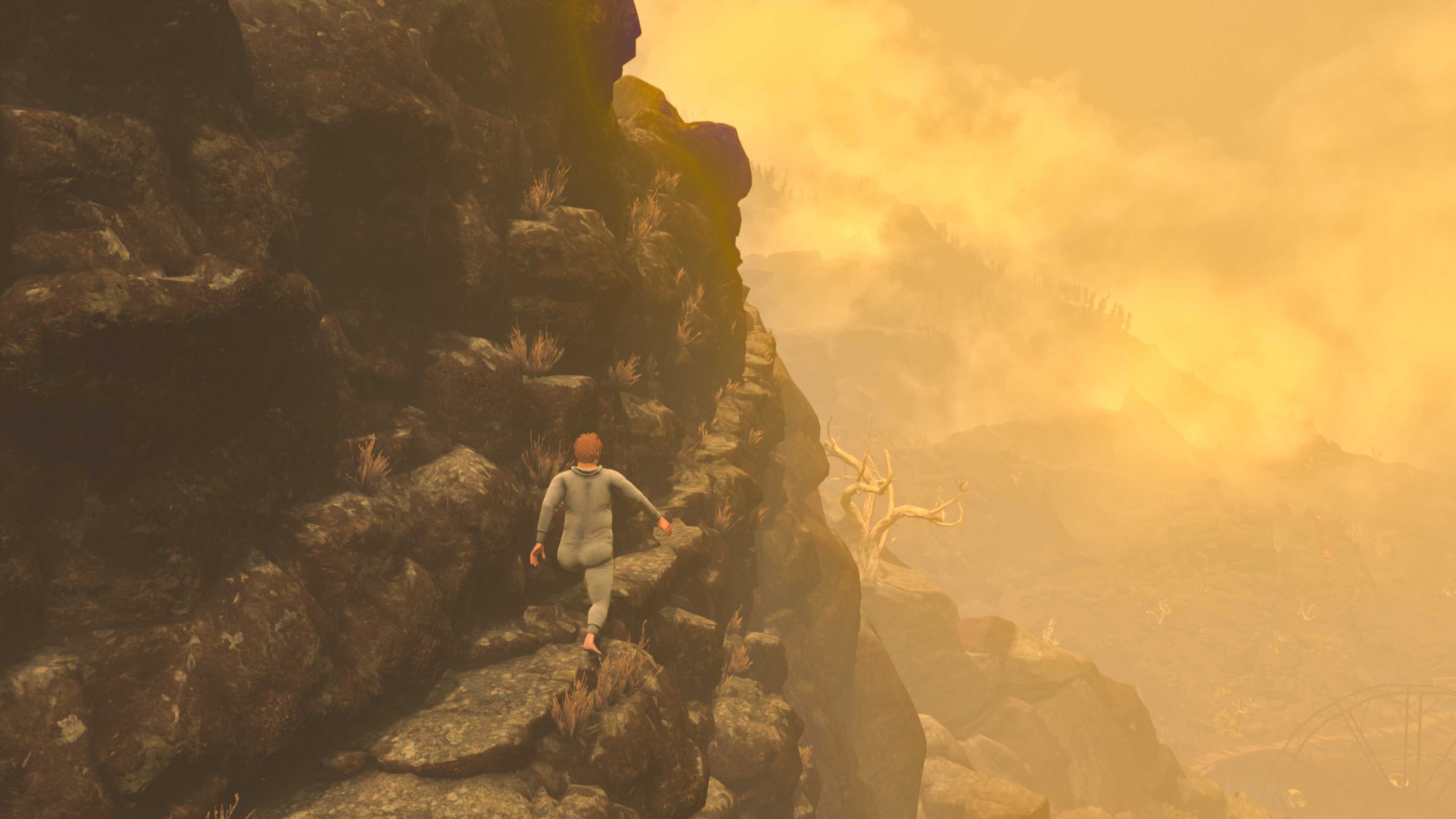 Screenshot from Baby Steps video game of man walking on the side of a mountain.