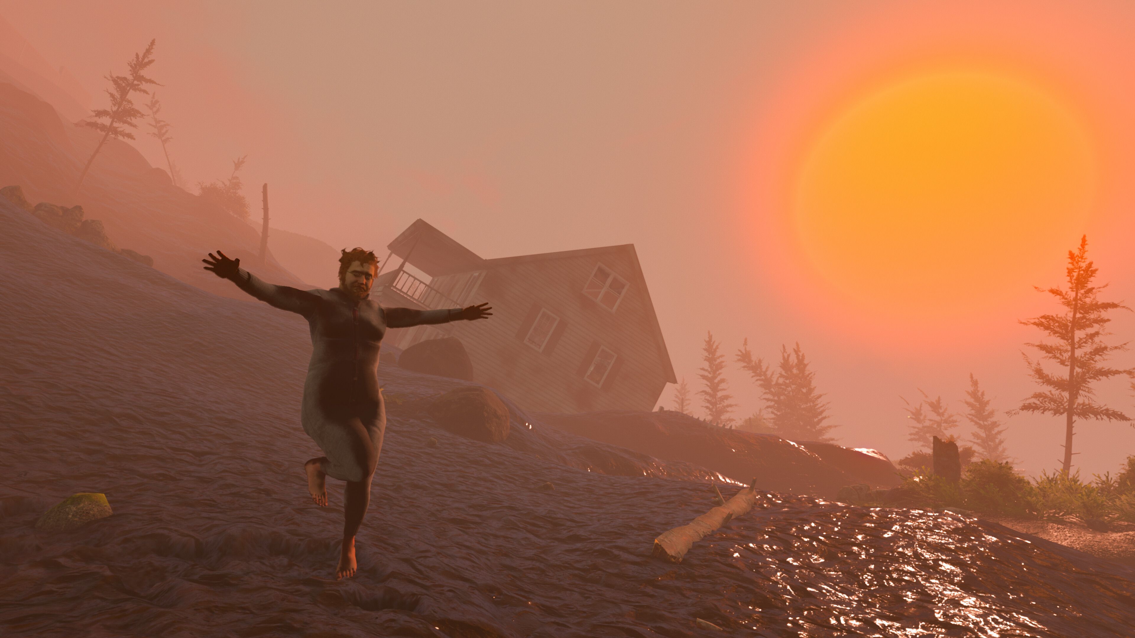 Screenshot from Baby Steps video game of man walking on muddy ground with arms out while the sun sets.