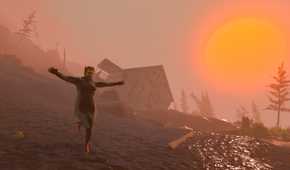 Screenshot from Baby Steps video game of man walking on muddy ground with arms out while the sun sets.
