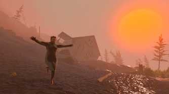 Screenshot from Baby Steps video game of man walking on muddy ground with arms out while the sun sets.