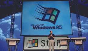 Bill Gates announces Windows 95 at a press event held in Redmond in 1995