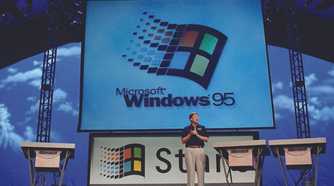Bill Gates announces Windows 95 at a press event held in Redmond in 1995