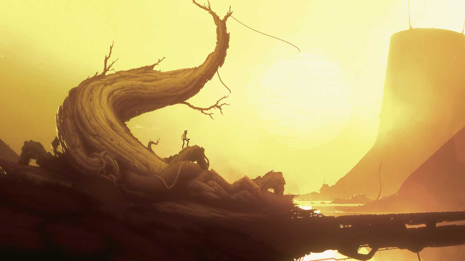 Screenshot from Bionic Bay video game of man standing on a tree root with the sun bright and low behind him.