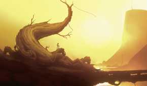 Screenshot from Bionic Bay video game of man standing on a tree root with the sun bright and low behind him.