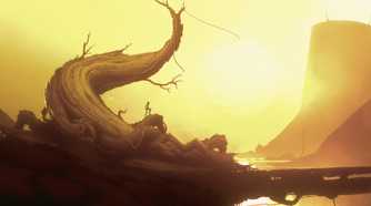 Screenshot from Bionic Bay video game of man standing on a tree root with the sun bright and low behind him.