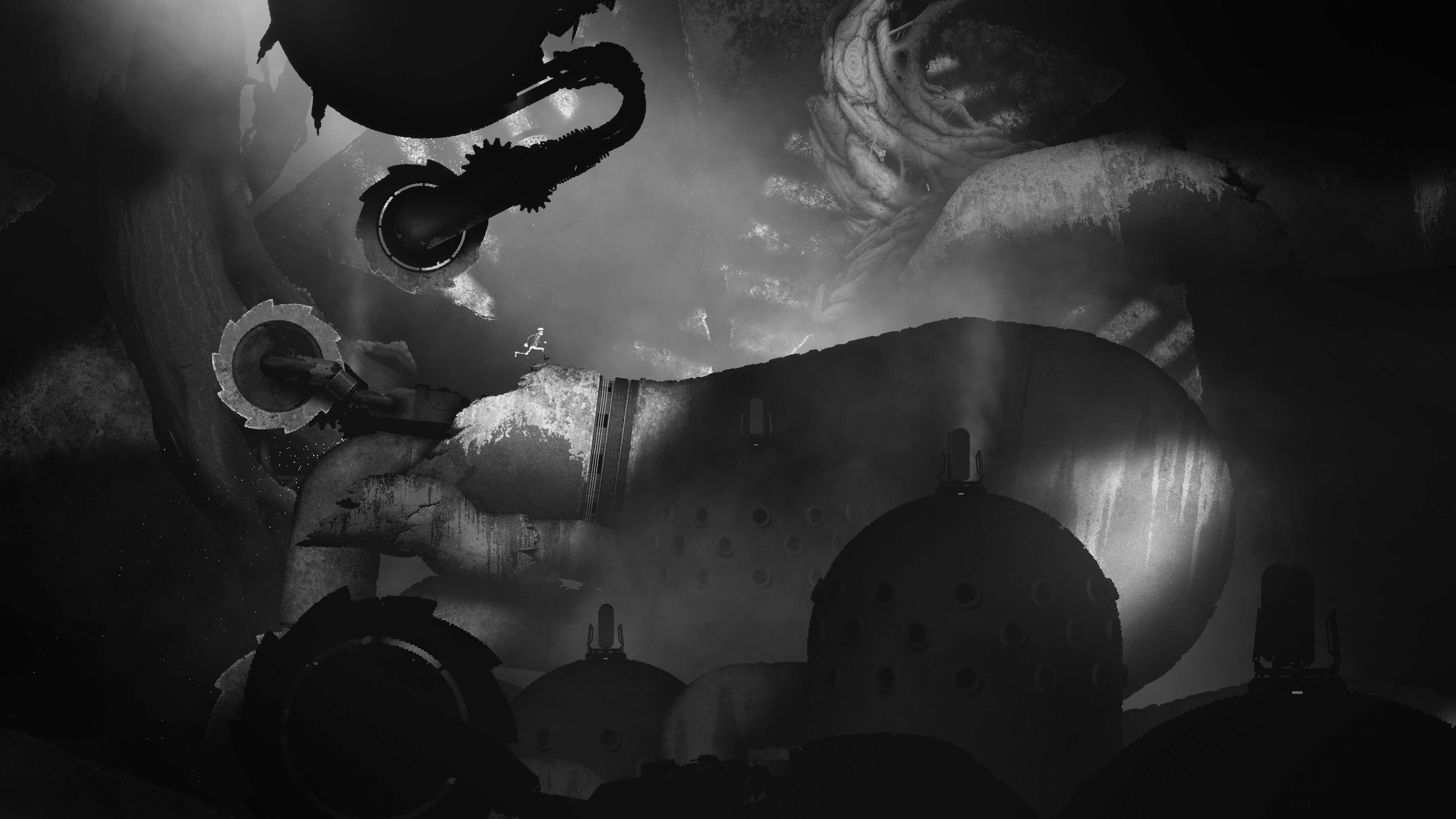 Screenshot from Bionic Bay video game of man walking on metal surface with giant sawblades behind him.