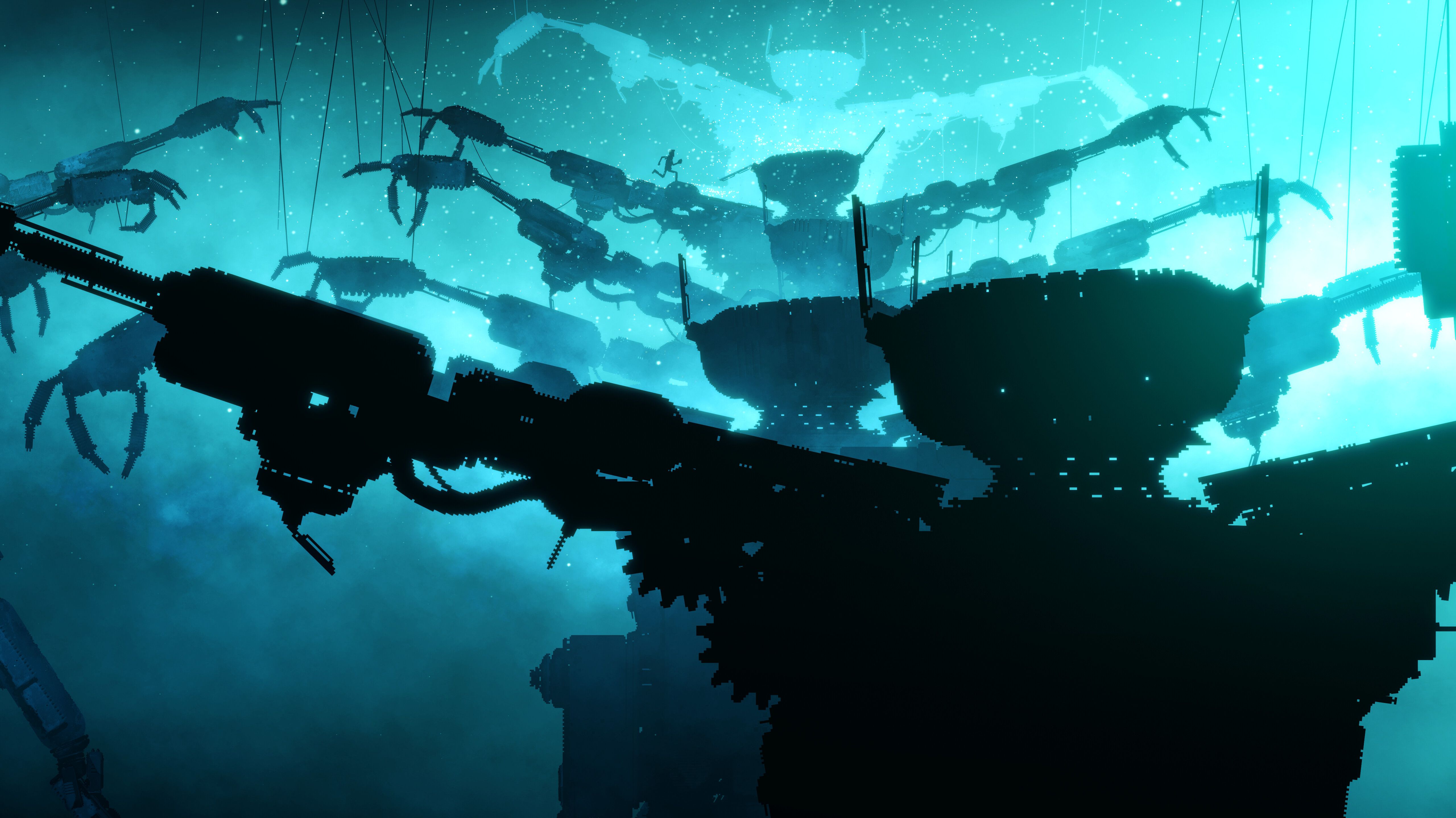 Screenshot from Bionic Bay video game of man jumping across silhouetted metal statues with a light blue sky and snow falling.