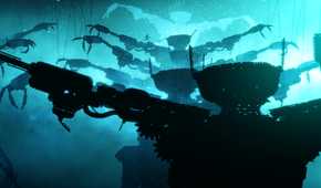 Screenshot from Bionic Bay video game of man jumping across silhouetted metal statues with a light blue sky and snow falling.