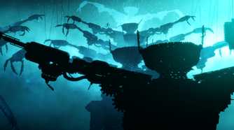 Screenshot from Bionic Bay video game of man jumping across silhouetted metal statues with a light blue sky and snow falling.