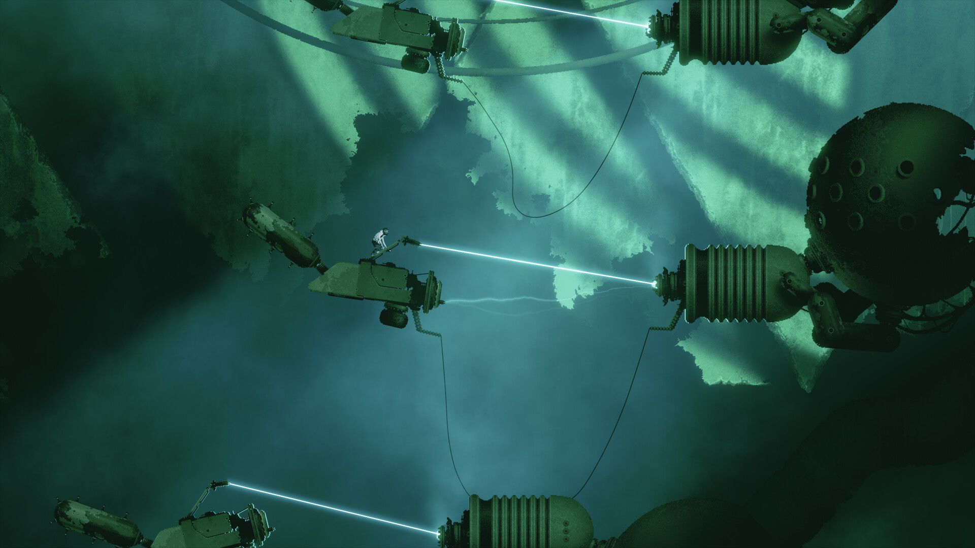 Screenshot from Bionic Bay video game of man standing on metal arm with a laser connecting to another metal arm.