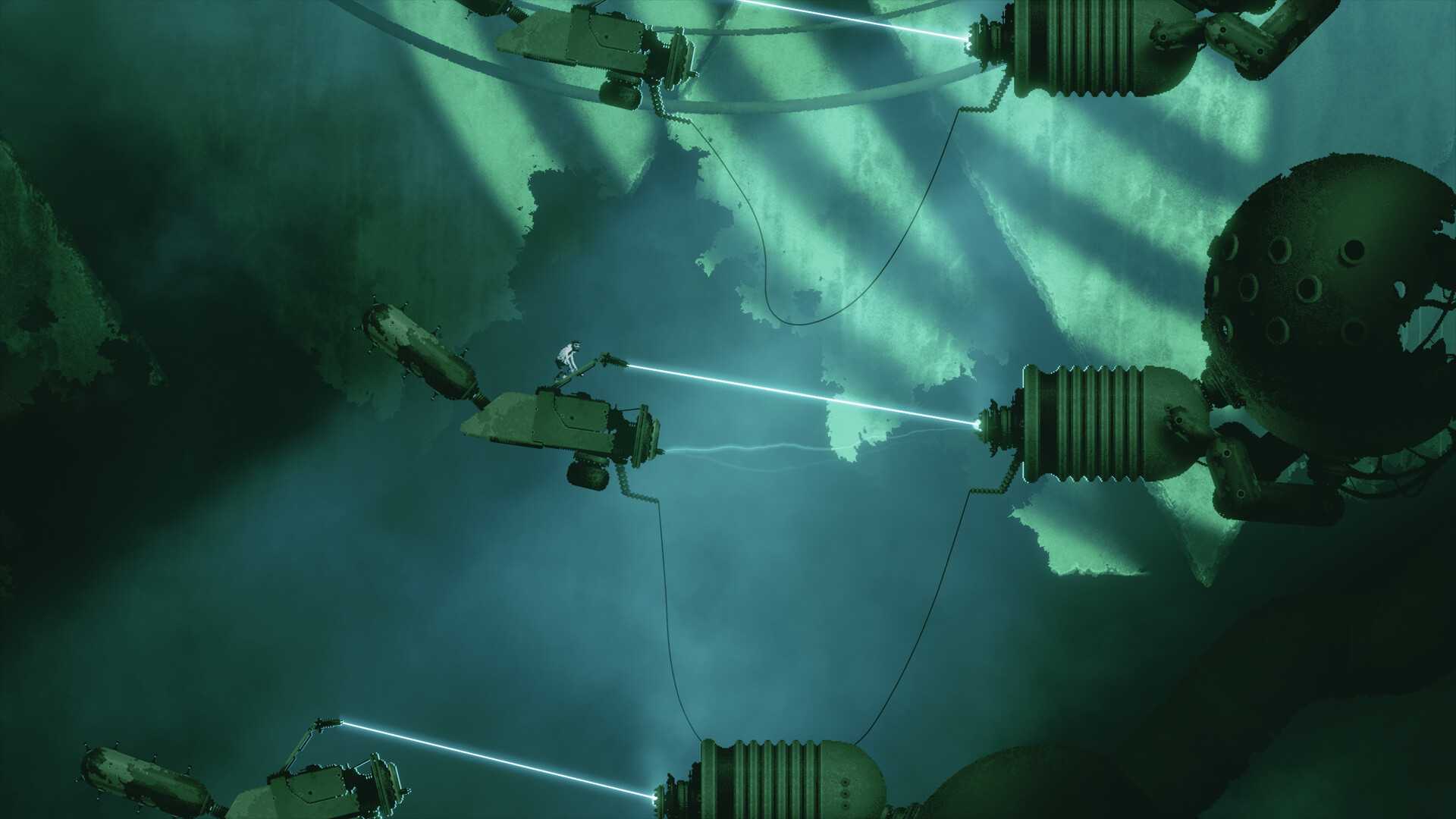 Screenshot from Bionic Bay video game of man standing on metal arm with a laser connecting to another metal arm.