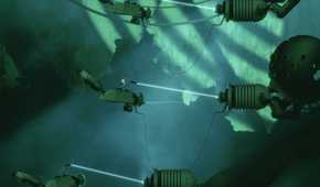 Screenshot from Bionic Bay video game of man standing on metal arm with a laser connecting to another metal arm.