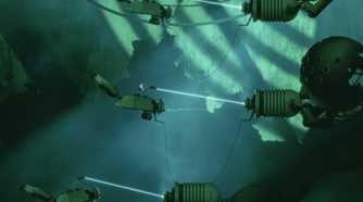 Screenshot from Bionic Bay video game of man standing on metal arm with a laser connecting to another metal arm.