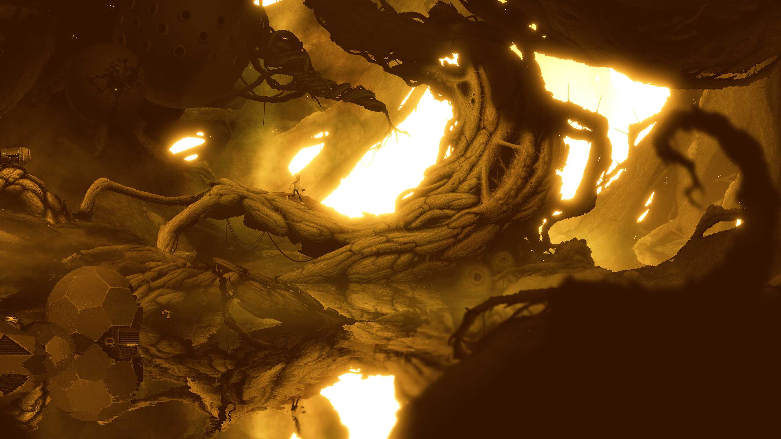 Screenshot from Bionic Bay video game of man standing on giant tree branch while a bright light shines behind him.