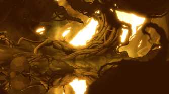 Screenshot from Bionic Bay video game of man standing on giant tree branch while a bright light shines behind him.