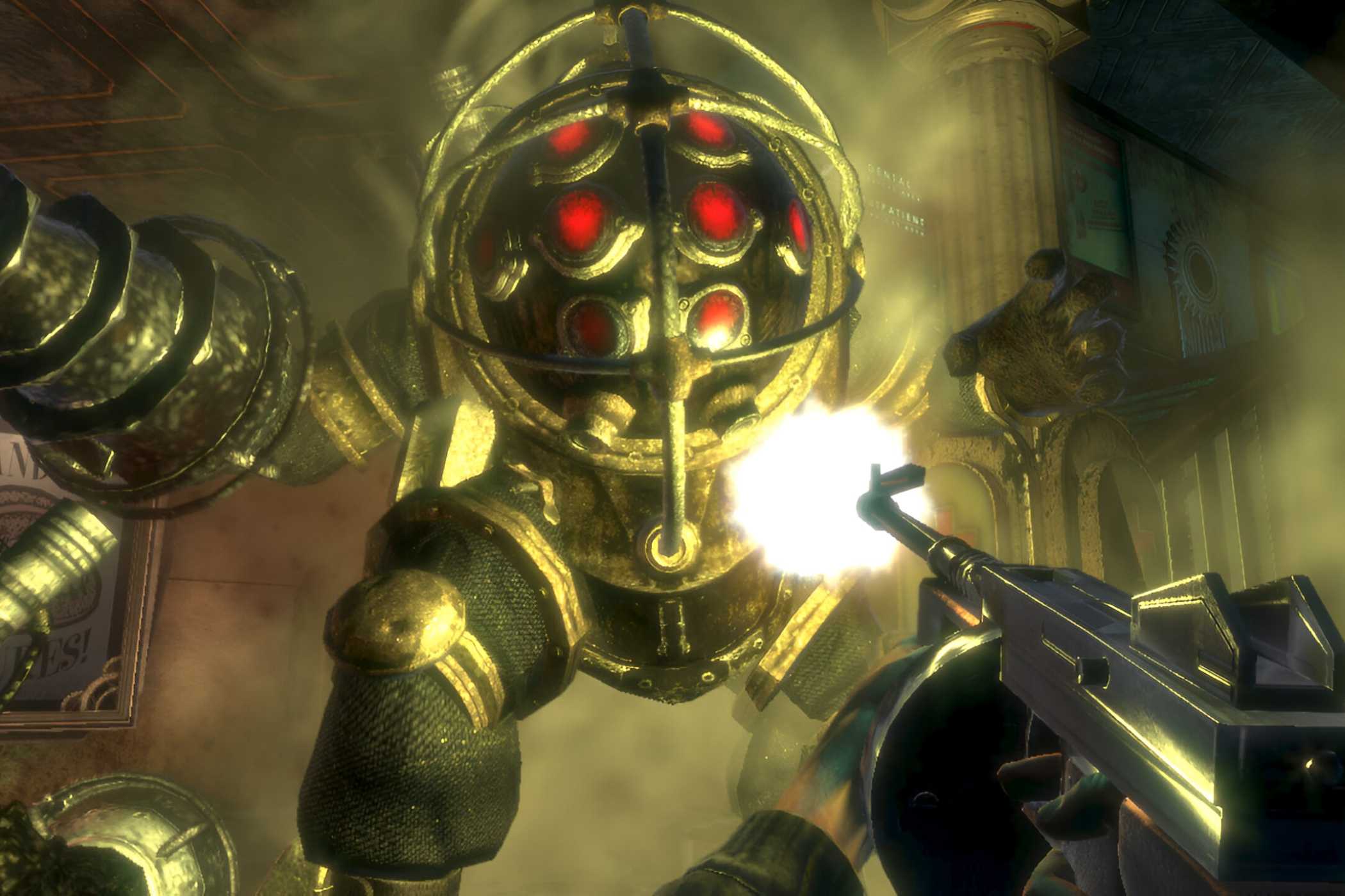A screenshot from the game BioShock, showing the first-person-view of the protagonist as they weild an AR against a huge machinic enemy with glowing red orbs on their body and screws for hands.