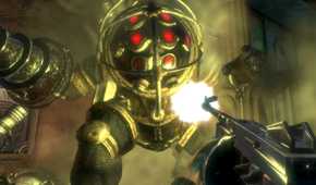 A screenshot from the game BioShock, showing the first-person-view of the protagonist as they weild an AR against a huge machinic enemy with glowing red orbs on their body and screws for hands.
