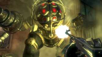 A screenshot from the game BioShock, showing the first-person-view of the protagonist as they weild an AR against a huge machinic enemy with glowing red orbs on their body and screws for hands.