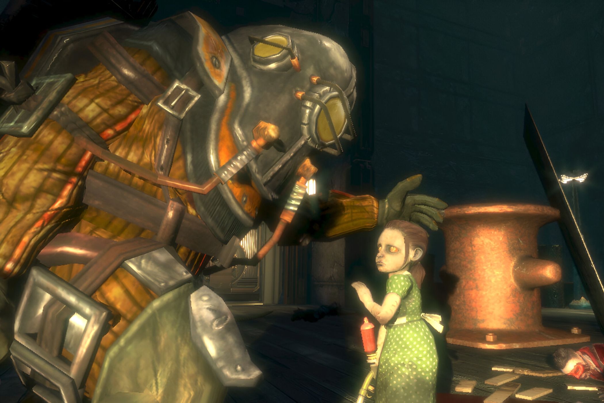 A screenshot from the game BioShock, showing a Big Daddy, a huge man in armor, protectively caressing a little girl.