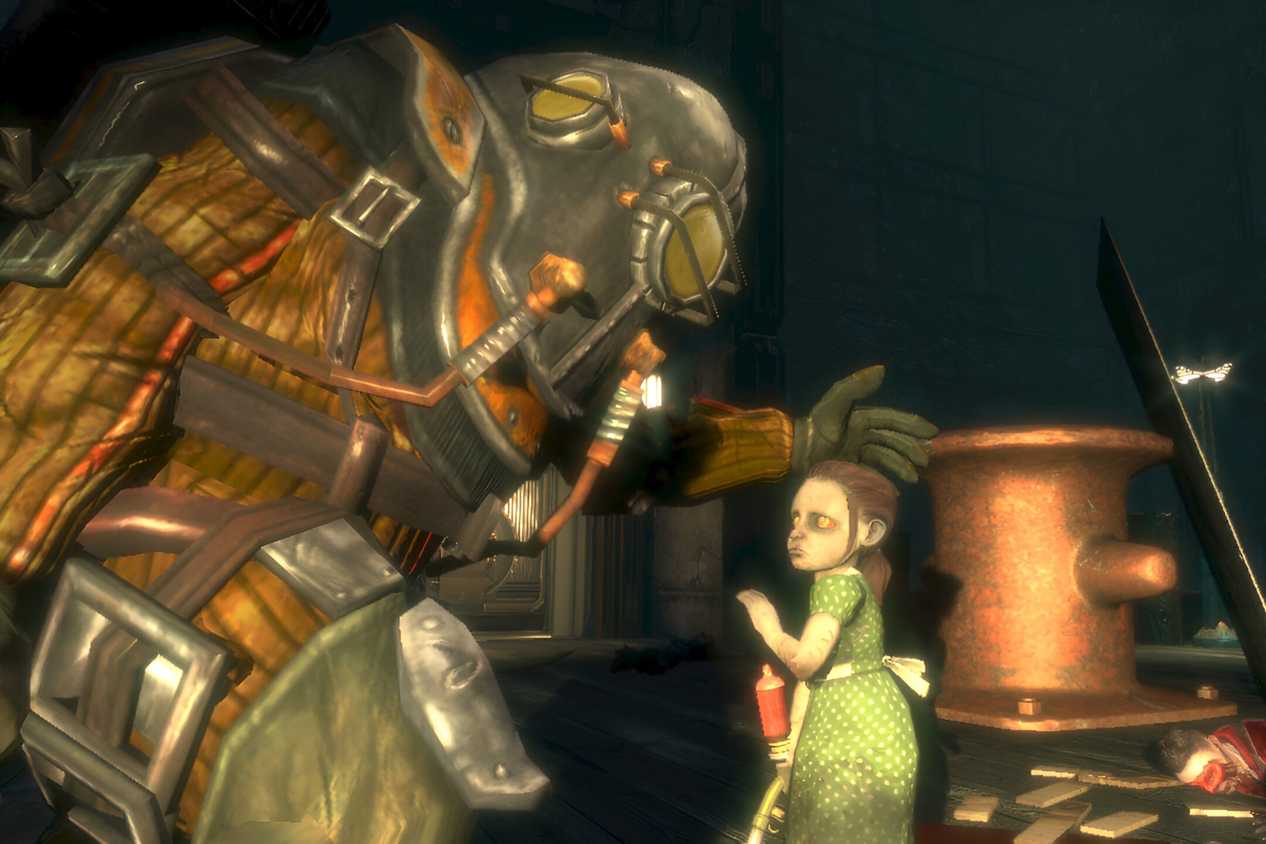 A screenshot from the game BioShock, showing a Big Daddy, a huge man in armor, protectively caressing a little girl.