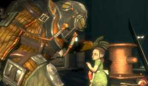 A screenshot from the game BioShock, showing a Big Daddy, a huge man in armor, protectively caressing a little girl.