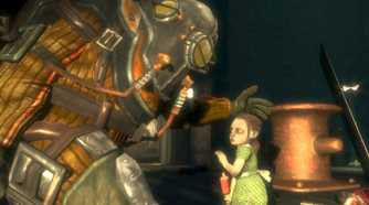 A screenshot from the game BioShock, showing a Big Daddy, a huge man in armor, protectively caressing a little girl.