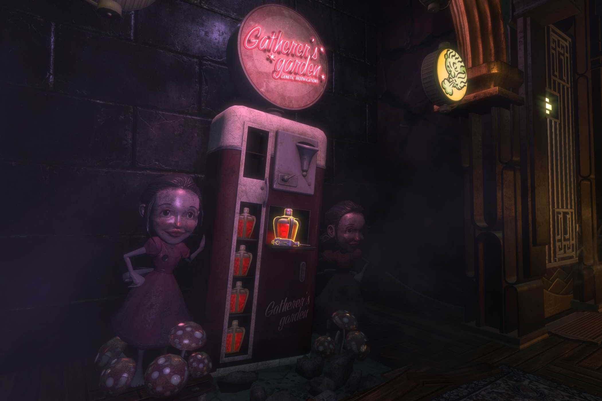 A screenshot from the game BioShock, showing a vending machine surrounded by dolls, called Gatherer's Garden.