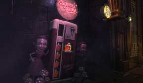 A screenshot from the game BioShock, showing a vending machine surrounded by dolls, called Gatherer's Garden.