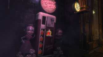 A screenshot from the game BioShock, showing a vending machine surrounded by dolls, called Gatherer's Garden.