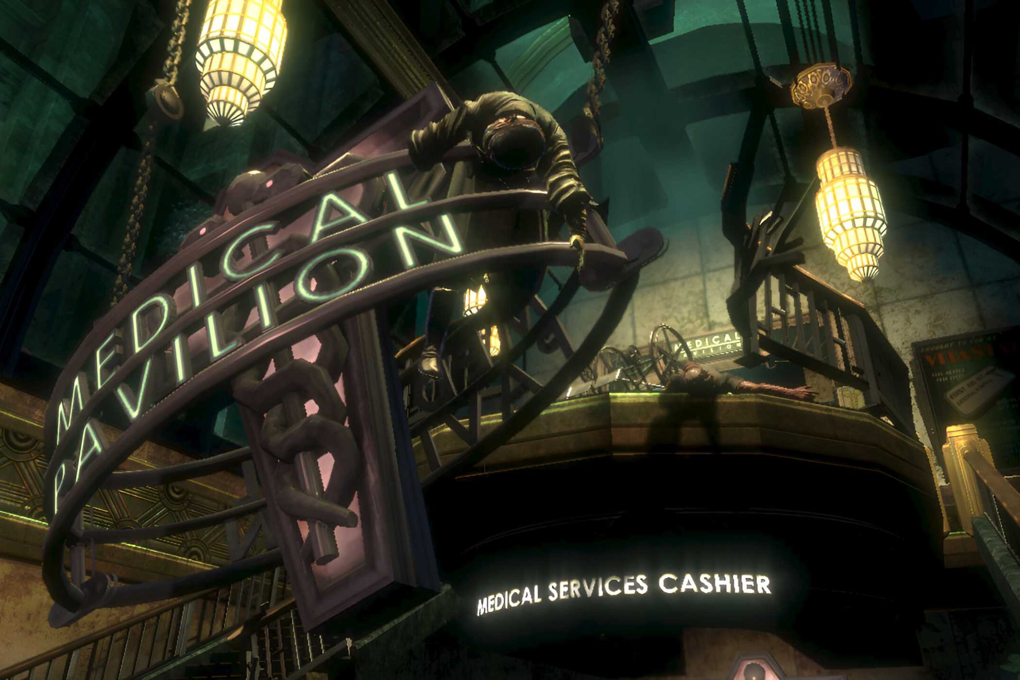 A screenshot from the game BioShock, showing a Medical Services Cashier reception in the game.