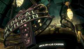 A screenshot from the game BioShock, showing a Medical Services Cashier reception in the game.