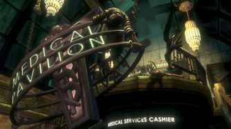 A screenshot from the game BioShock, showing a Medical Services Cashier reception in the game.