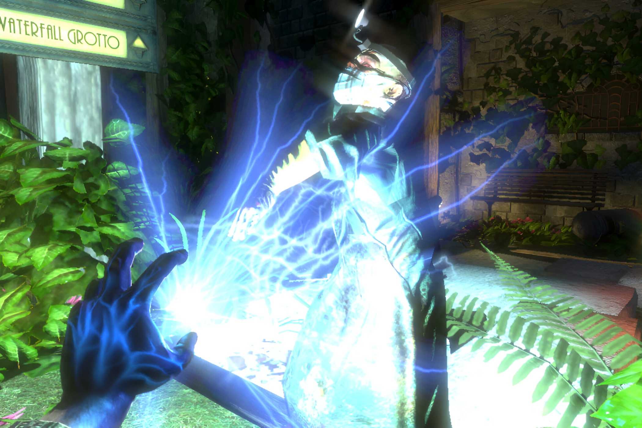 A screenshot from the game BioShock, showing the protagonist use magical plasmid powers, shooting electricity from their hands.
