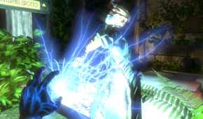 A screenshot from the game BioShock, showing the protagonist use magical plasmid powers, shooting electricity from their hands.