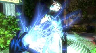A screenshot from the game BioShock, showing the protagonist use magical plasmid powers, shooting electricity from their hands.