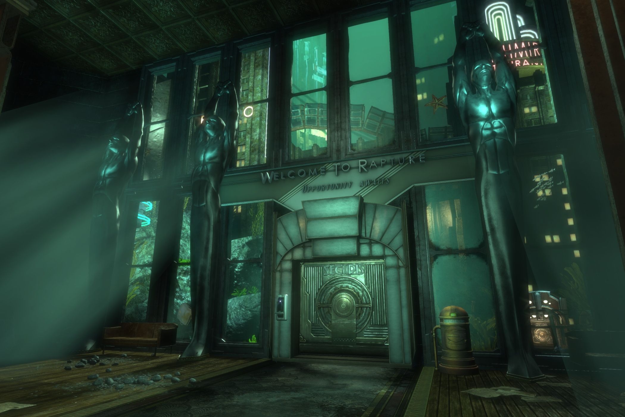 A screenshot from the game BioShock, showing the underwater city of Rapture, with eerie blue lighting.