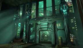 A screenshot from the game BioShock, showing the underwater city of Rapture, with eerie blue lighting.
