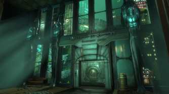 A screenshot from the game BioShock, showing the underwater city of Rapture, with eerie blue lighting.