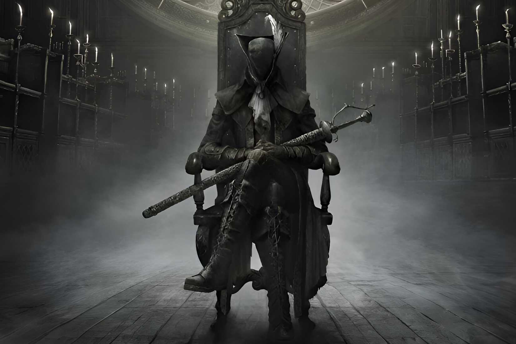 An image of a figure dressed in dark, flowing clothes, sitting on a chair in a misty room with a mask on their face as they hold a long sword with their legs crossed.