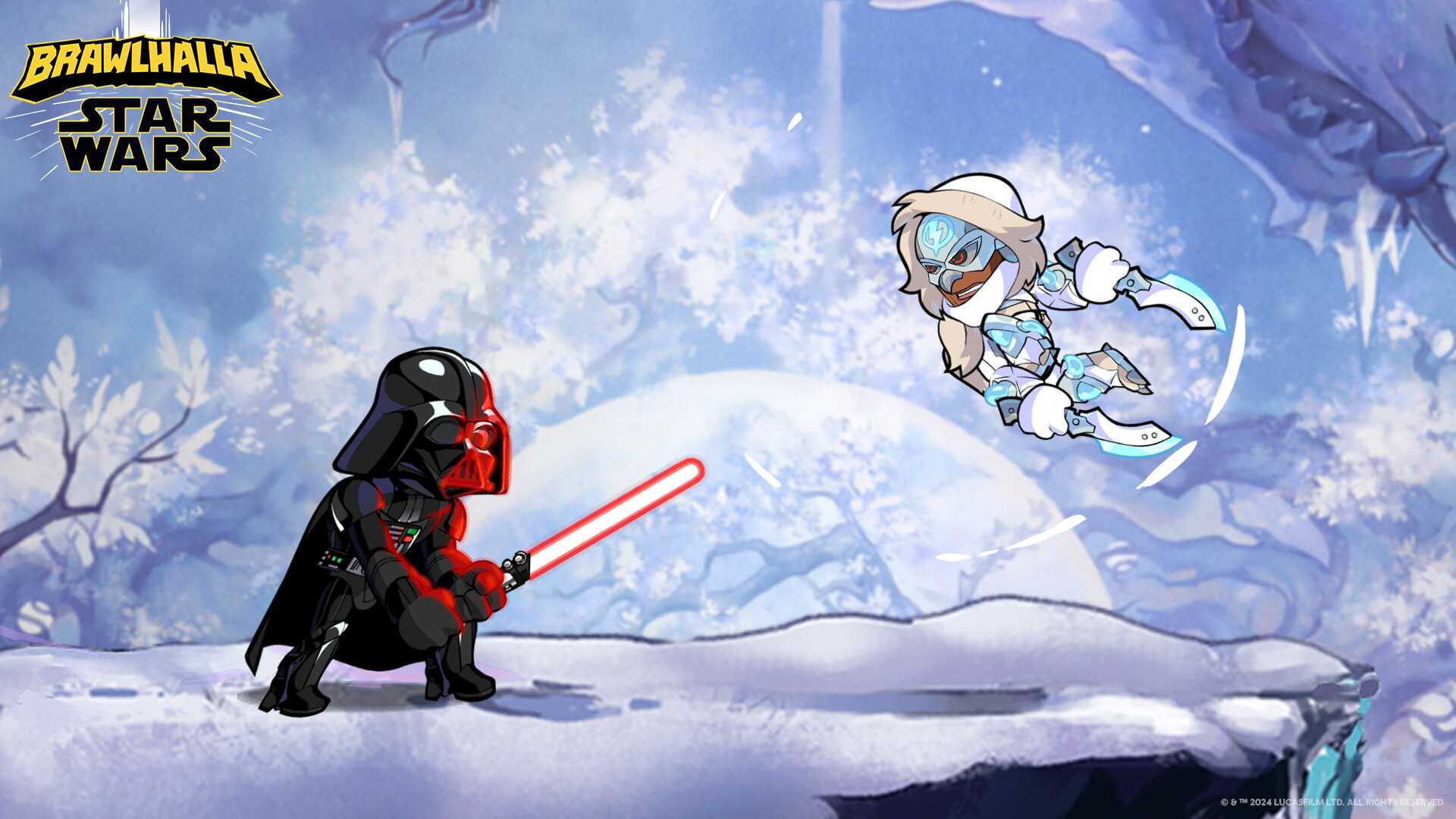 Screenshot from Brawlhalla video game of Darth Vader fighting character dressed for winter