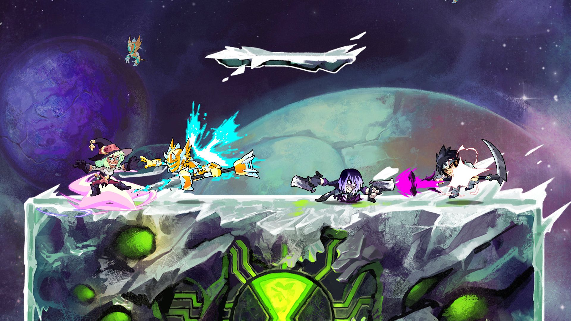 Screenshot from Brawlhalla video game of four characters fighting in space setting