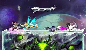 Screenshot from Brawlhalla video game of four characters fighting in space setting