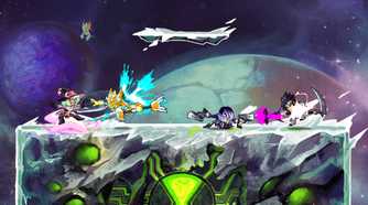 Screenshot from Brawlhalla video game of four characters fighting in space setting
