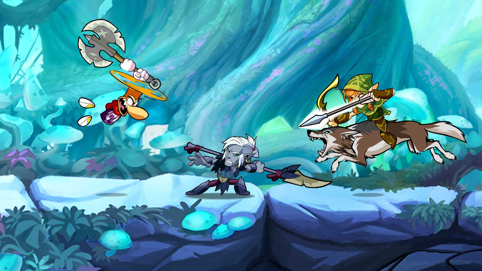 Screenshot from Brawlhalla video game of three characters fighting in fantastical blue forest setting