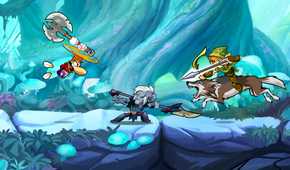 Screenshot from Brawlhalla video game of three characters fighting in fantastical blue forest setting