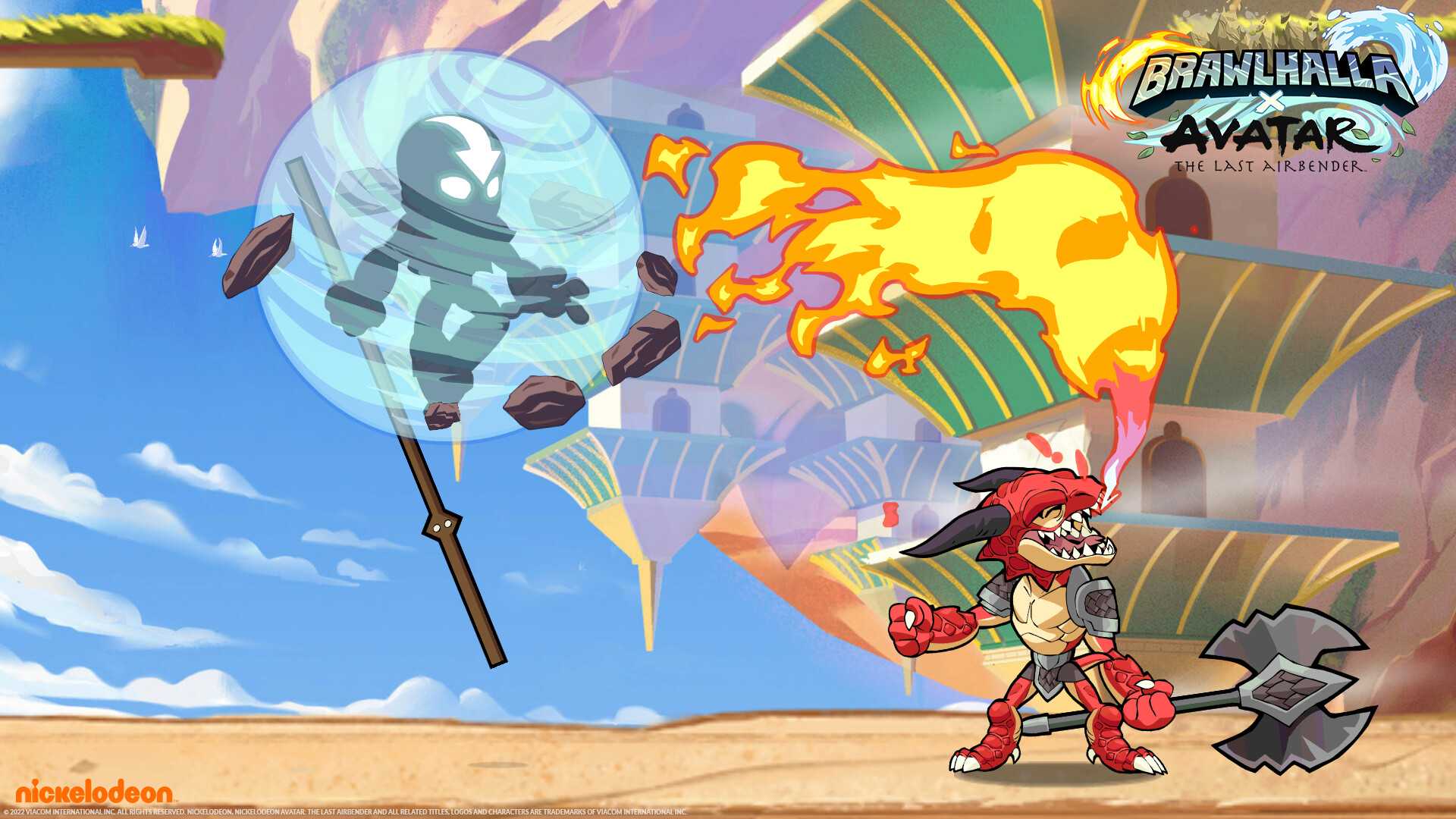 Screenshot from Brawlhalla video game of the air bending Avatar fighting demon creature