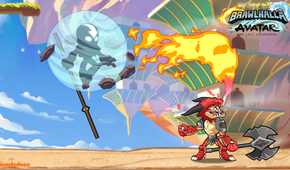 Screenshot from Brawlhalla video game of the air bending Avatar fighting demon creature